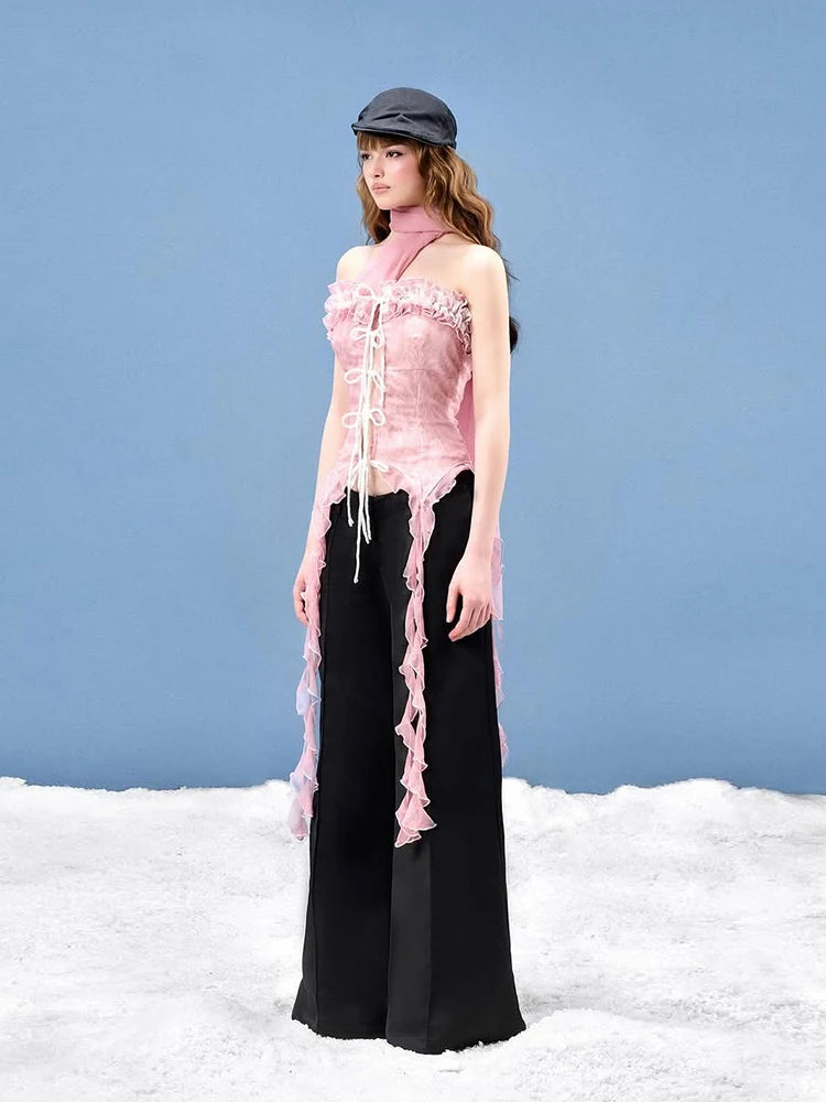 Mesh Scarf Patchwork Lace Ruffled Irregular Hem Long Tassels Frenulum Street Versatile Girly Sweet Top