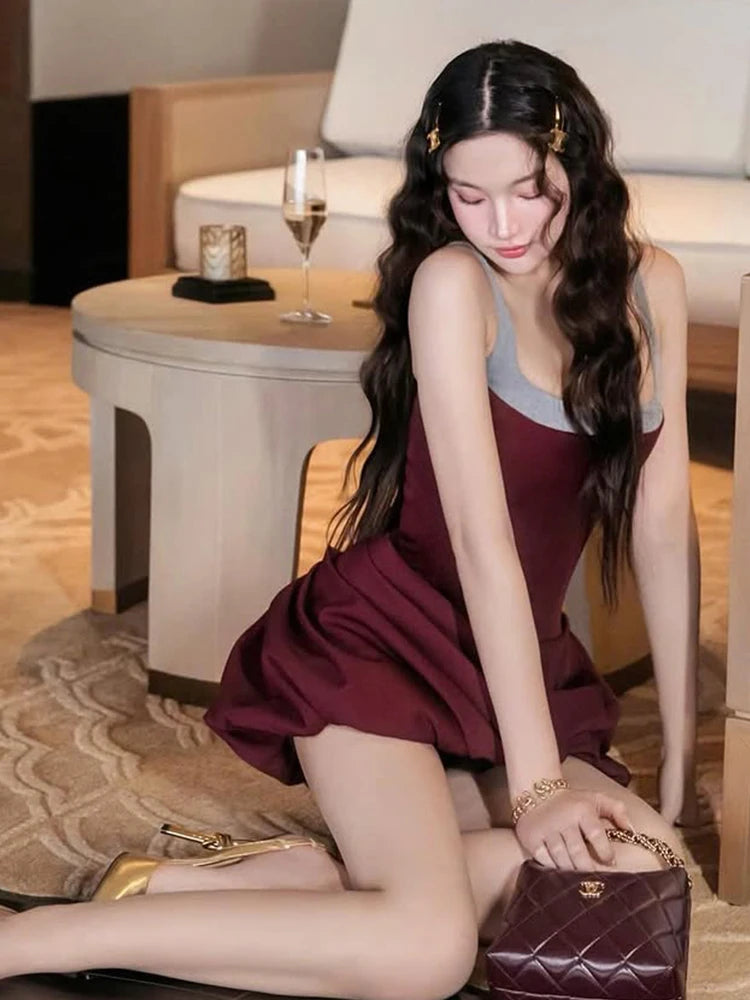 Backless Dress Patchwork Square Collar Sleeveless Ruffles Cross Hem Slim Mini Bodycon