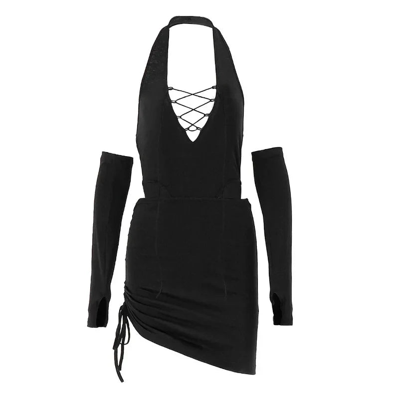 Black Hollow Out Backless Bodysuit and Mini Skirt Set