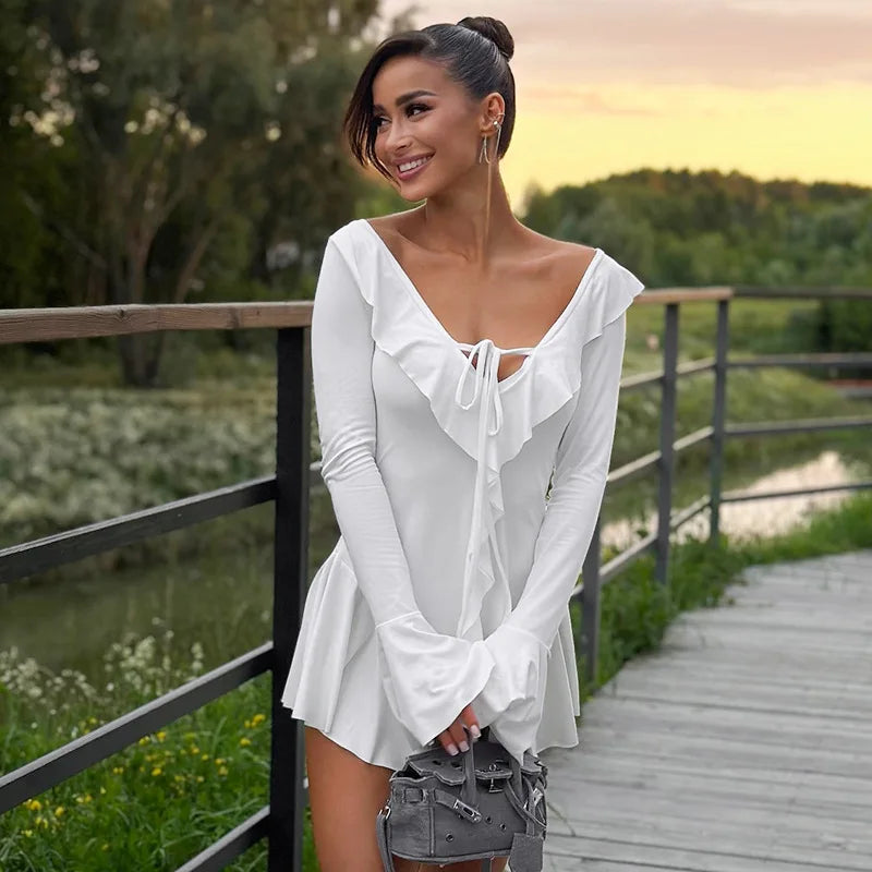 White Deep V Neck Ruffled Dress Long Flare Sleeve Short Dresses Slim