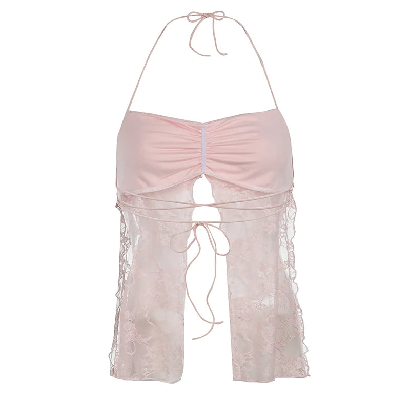 Backless Halter Neck Camisole Transparent Lace Slits Pink ing Lace-up