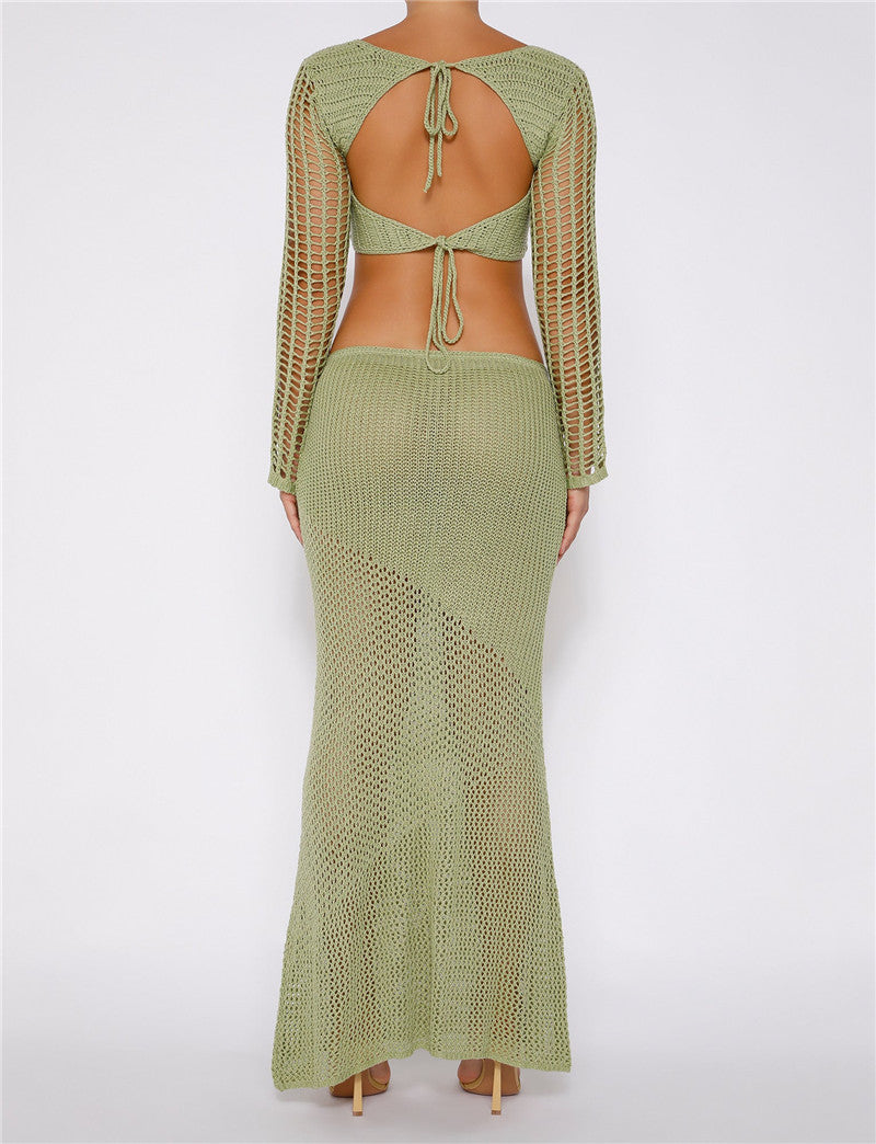 Crochet Knit 2 Piece Skirt Set Hollow Out Crop Top Long Sleeve Backless Tie Up Bodycon Dress