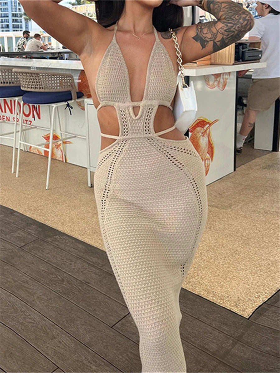 Halter Tie-up Knit Crochet Dress Backless Sleeveless Deep V Cutout Waist Wrapped Bodycon Dress