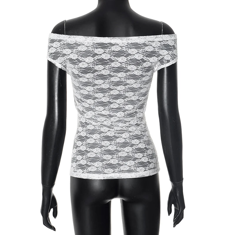 Lace See-Through One-Shoulder Short-Sleev Top Top