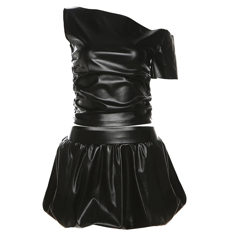 Leather Two Piece Set Irregular Skew Collar Crop Top Wide Waist Puffy Skirt Matching Street