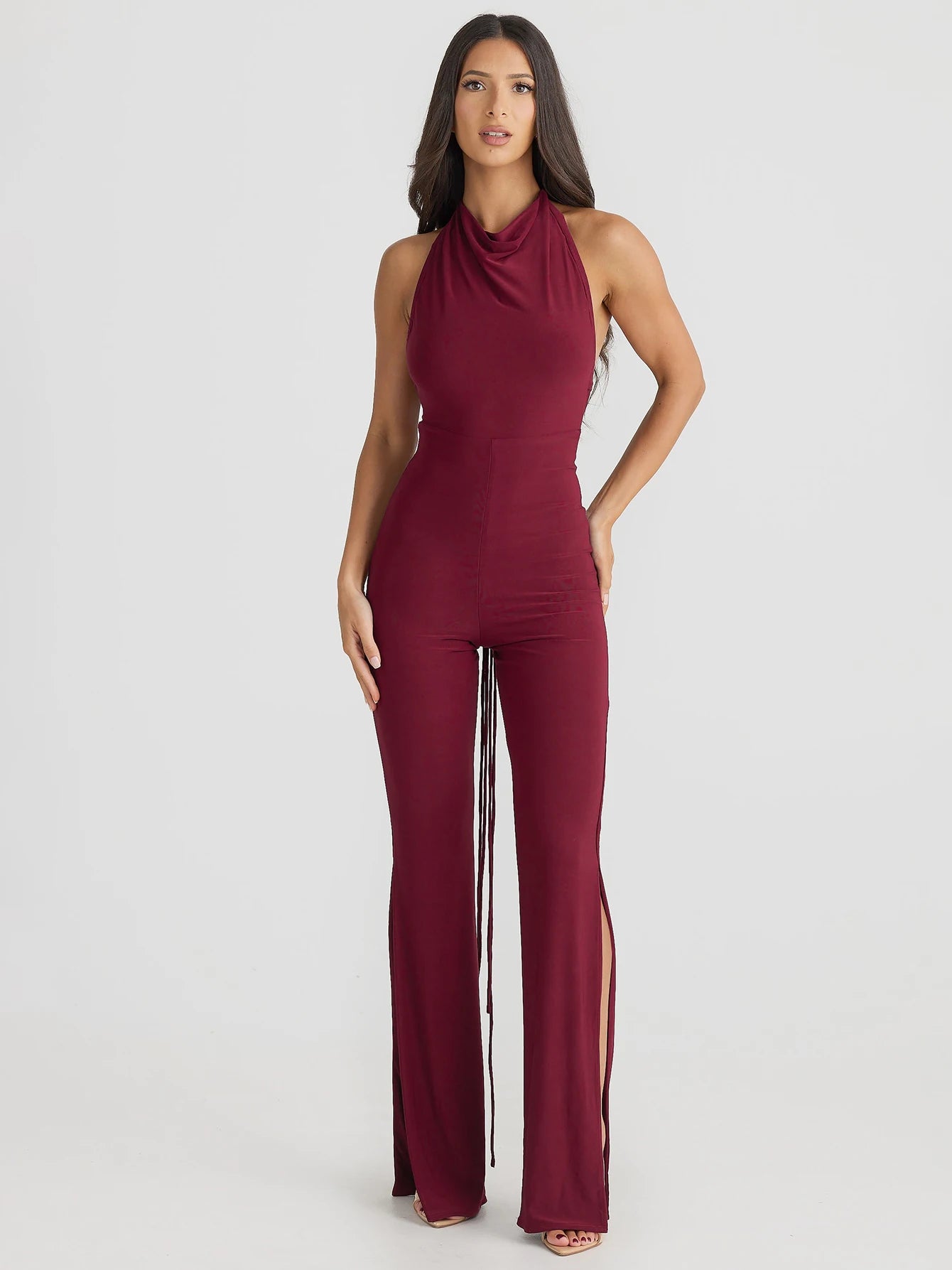 Backless Halter Lace Up Irregular Split Long Pants Jumpsuit