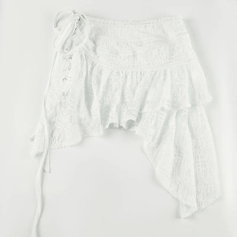 White Lace Irregular Skirt Fairycore A-line Mini Skirts Chic Bottom Y2K