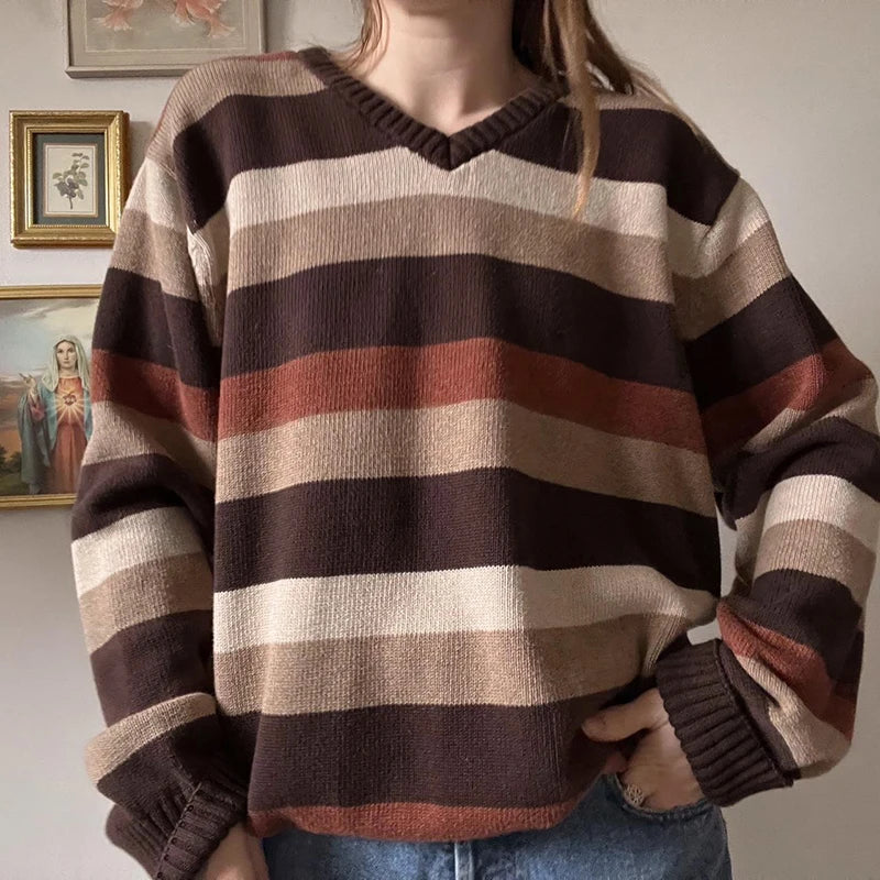 Retro V-neck Striped Sweaters Loose Pullovers Top
