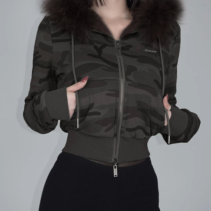 Zip Up Crop Hoodie Coats Camouflage 's Jackets Pockets Fur Neck