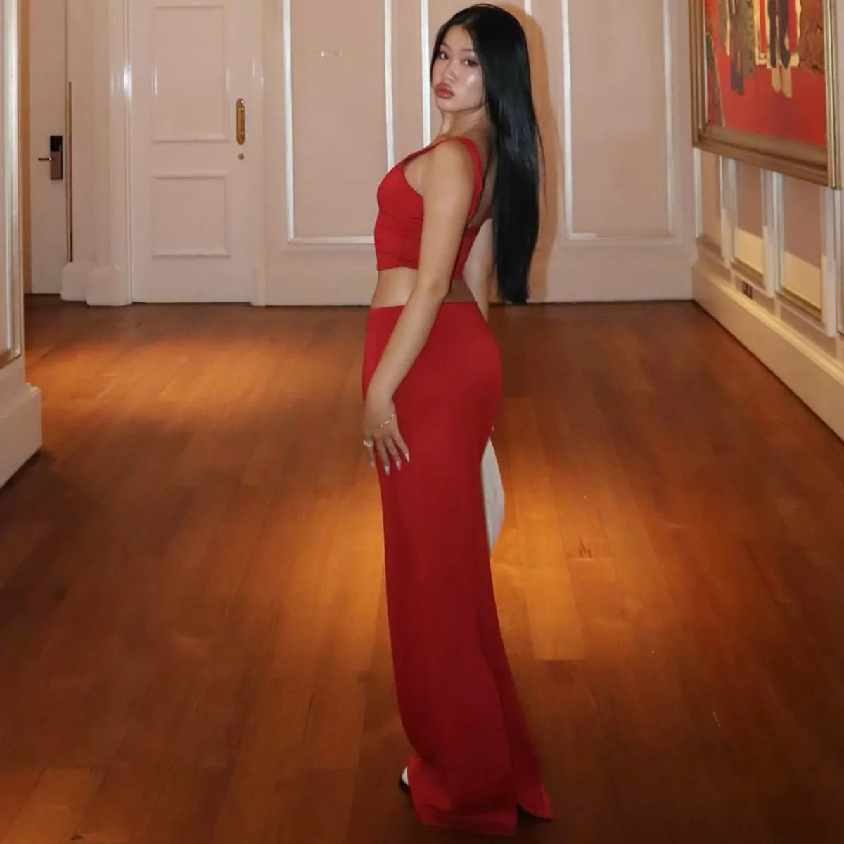 Red Top and Maxi Skirt Two Piece Set