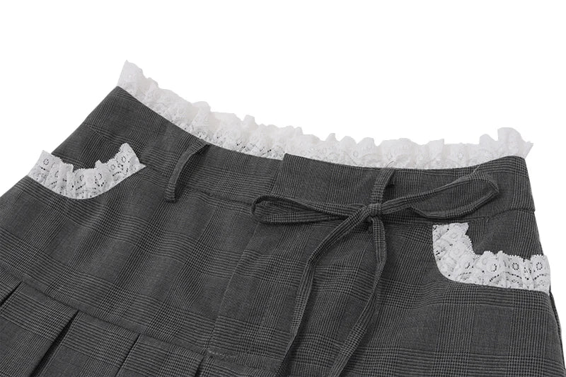 Gray Lace Up Pleated Mini Skirt