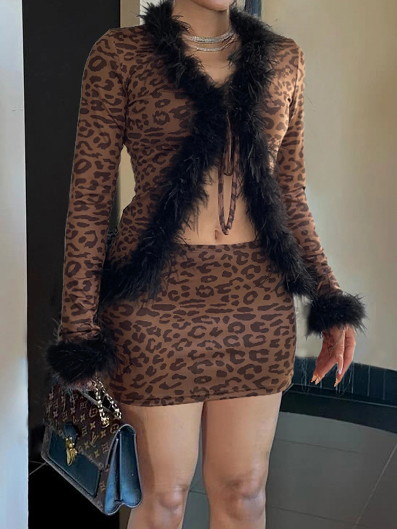 Leopard Print Two Pieces of Sets 's Lace-up Coats and Mini Skirts Long Sleeved
