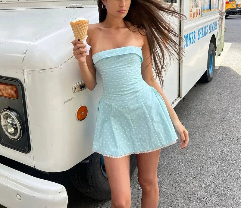 Slash Neck Cute Off Shoulder Dot Print Mini Dress Dress