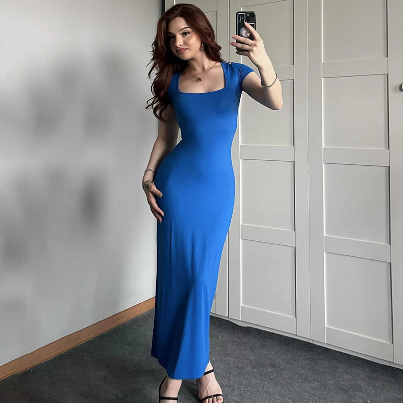 Square Collar Long Dress Short Sleeve Skinny Maxi Dress