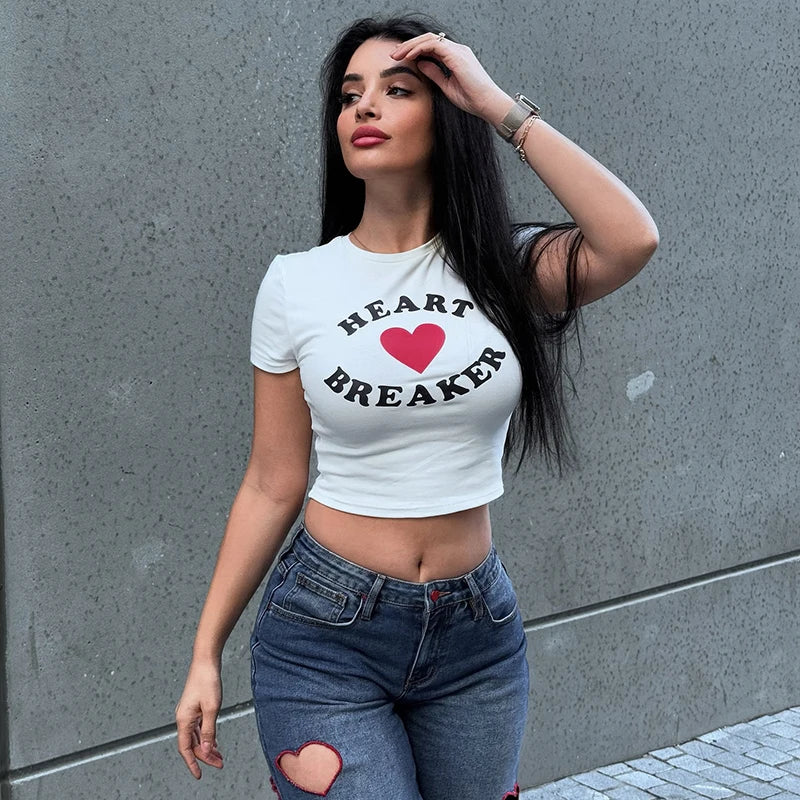 Round Neck Pullover Letter Heart Clah Expo Neckline Top T-Shirt