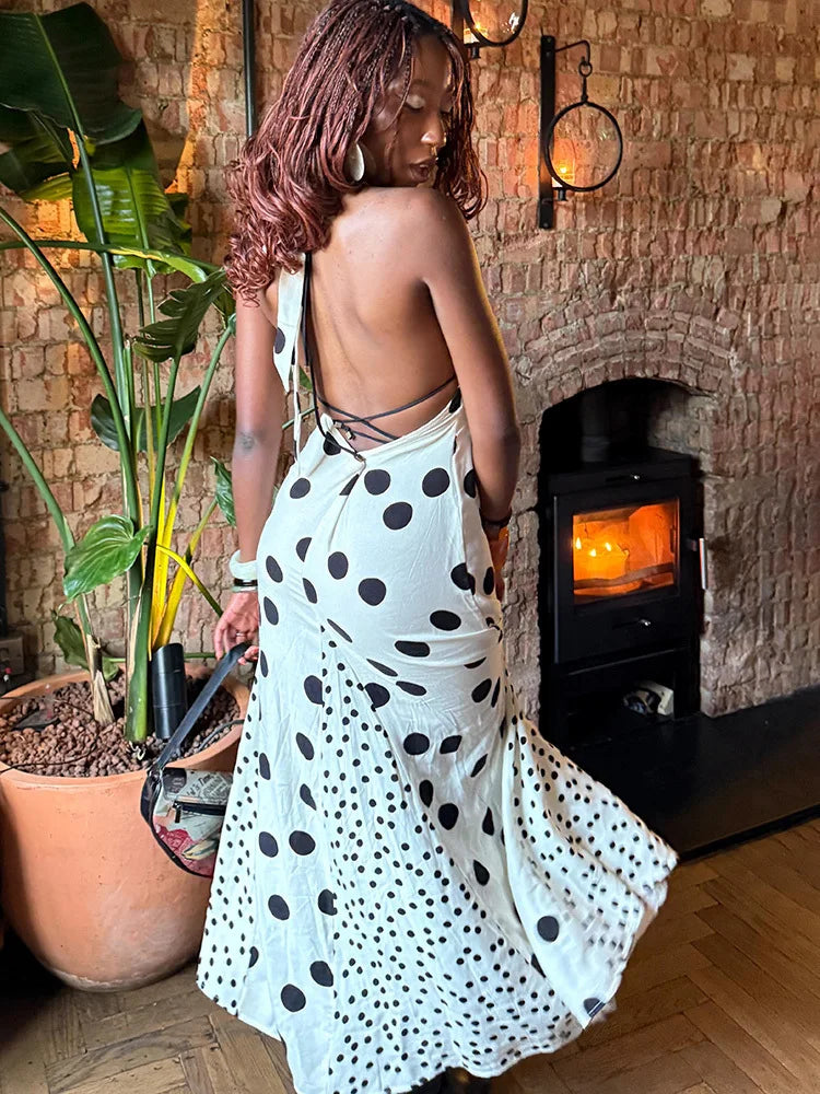 Polka Dot Halter Backless Slim Maxi Dress