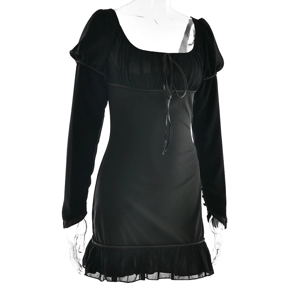 Square Collar Ruffles Chiffon Dress Long Sleeve Lace Up Dress