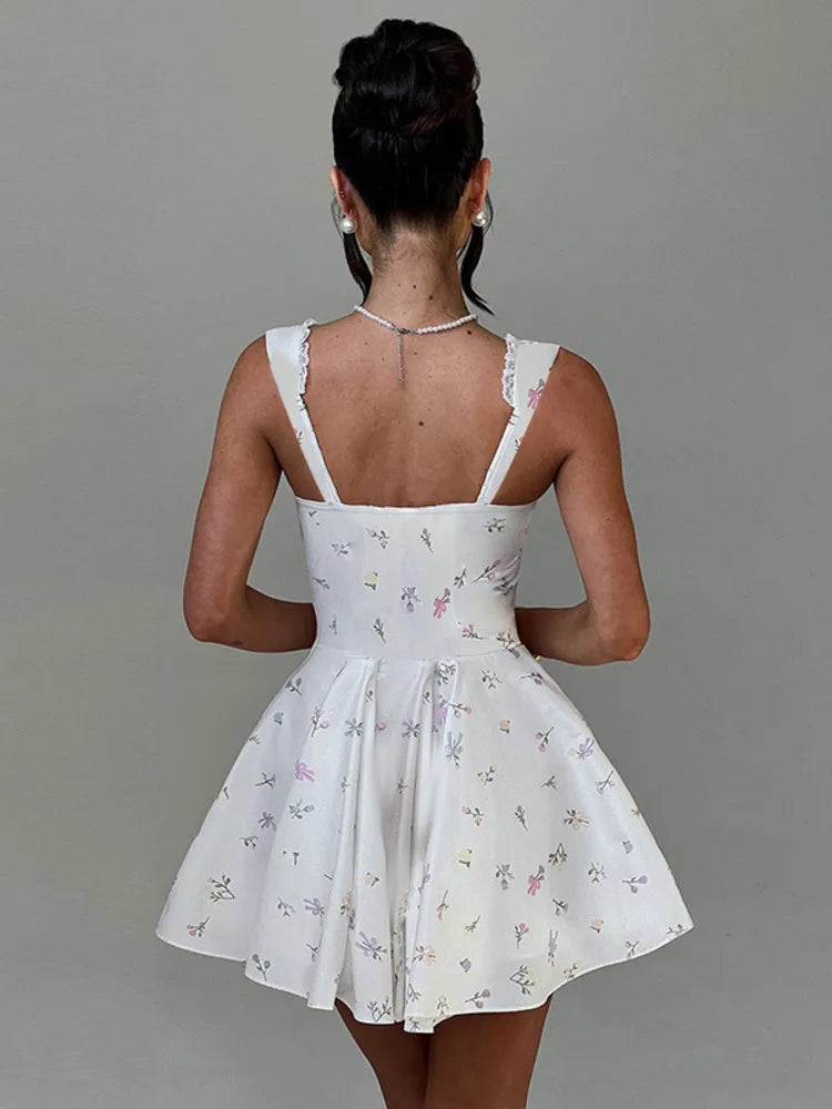Sleeveless Deep V Backless Pleated Dress Hip Skirt Bodycon Slim Fit Printed Lace Dress