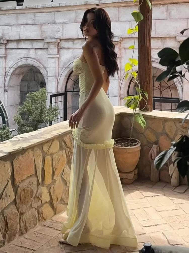 Patchwork Mesh Maxi Dress Shirring Fishtail Ruffles Hollow Bandage Banquet