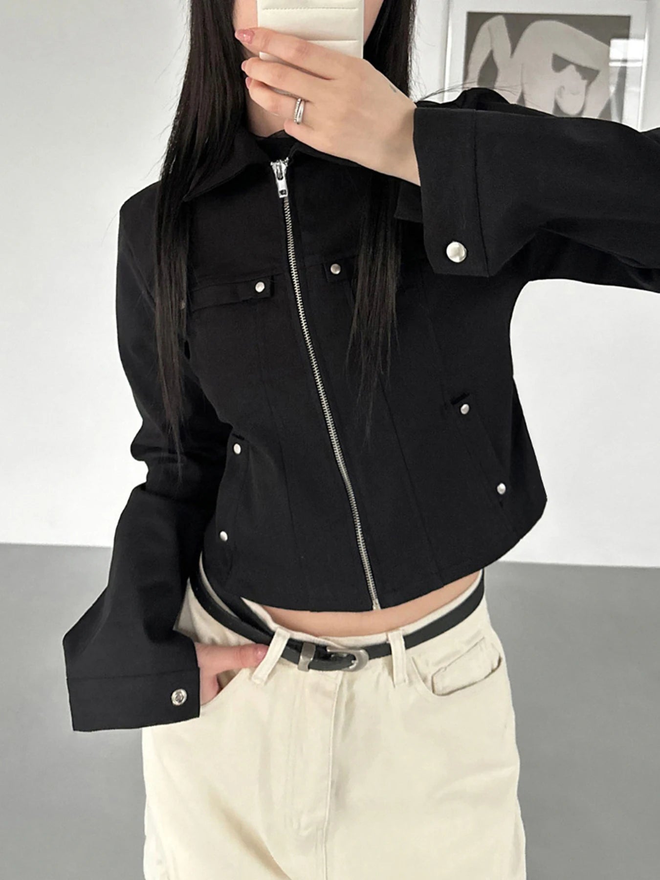 's Rivet Jacket Black Zip-Up with Pockets Long Sleeve Coats Cropped Design