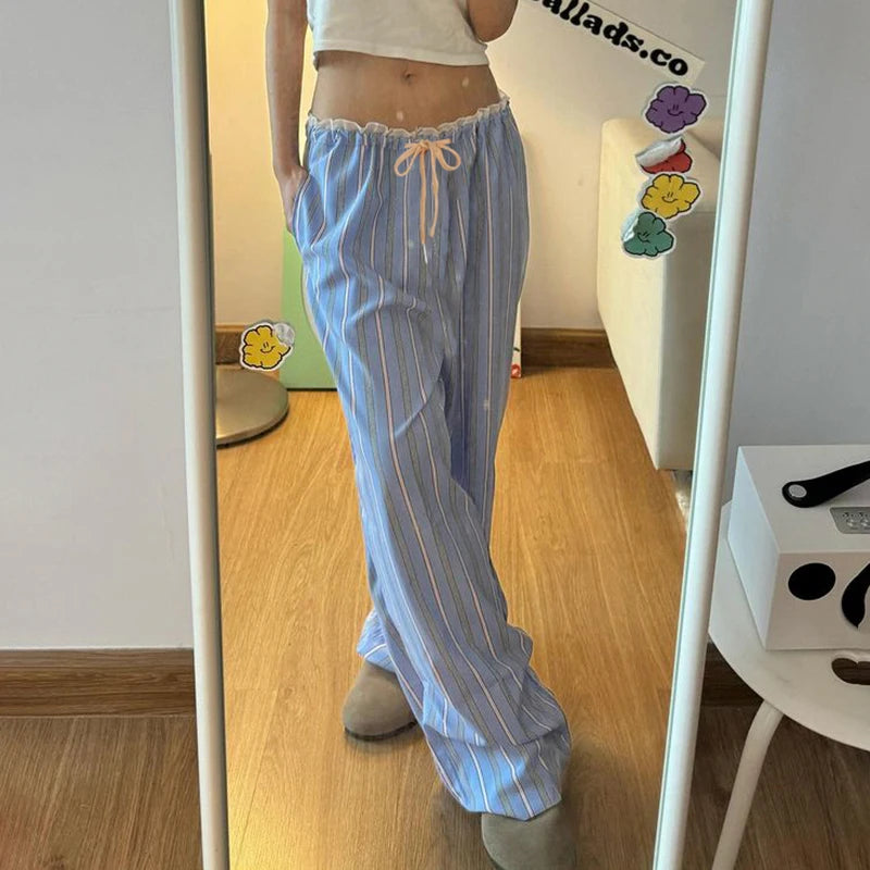 Striped Print Trousers Wide Leg Pants Lace Patchwork Japanese Bottom