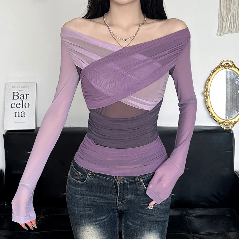 Patchwork Asymmetry Slim Tee Shirts Long Sleeves V-neck 's