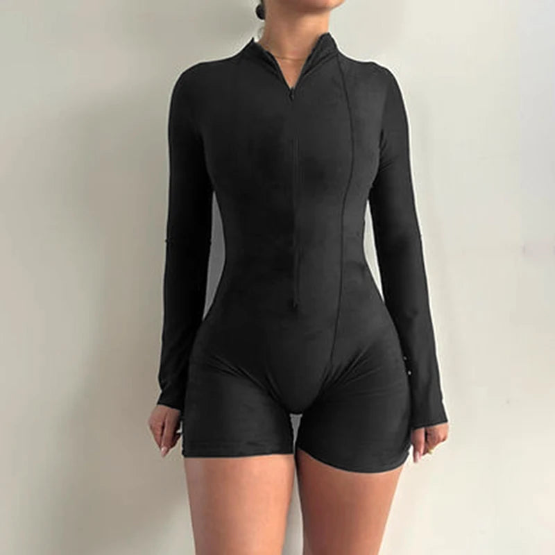 Velvet Romper Back Zipper O Neck Long Sleeve Skinny Playuit Overall