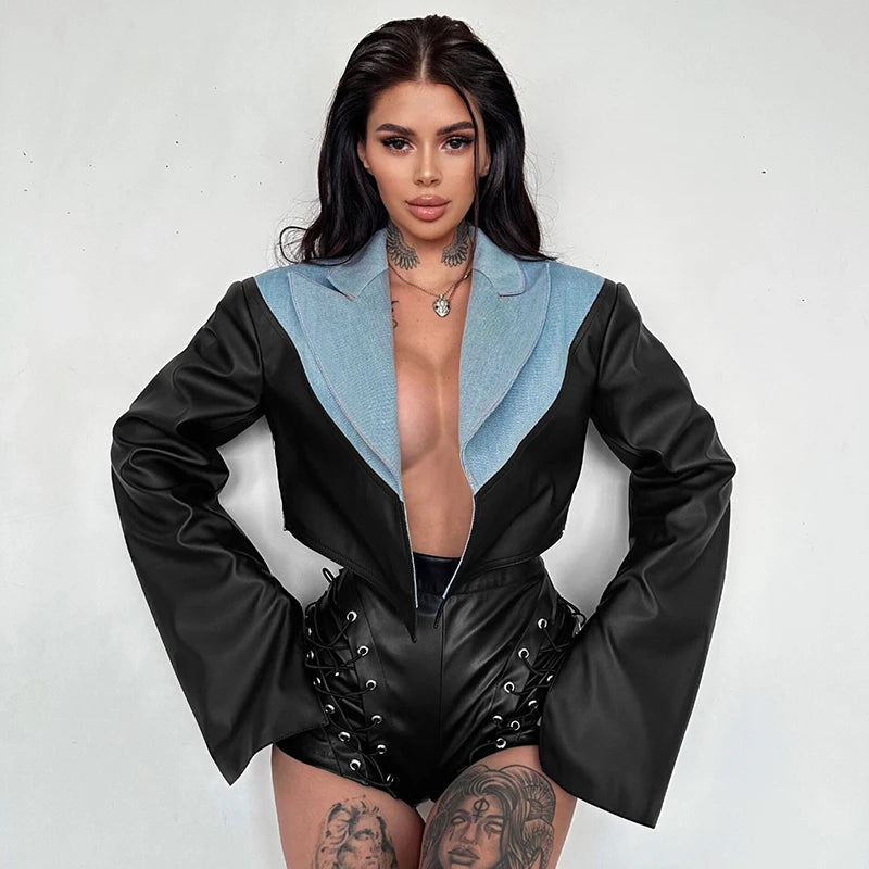 Cardigan Short Jacket Lapel Denim Leather Patchwork Suit Top Caaul