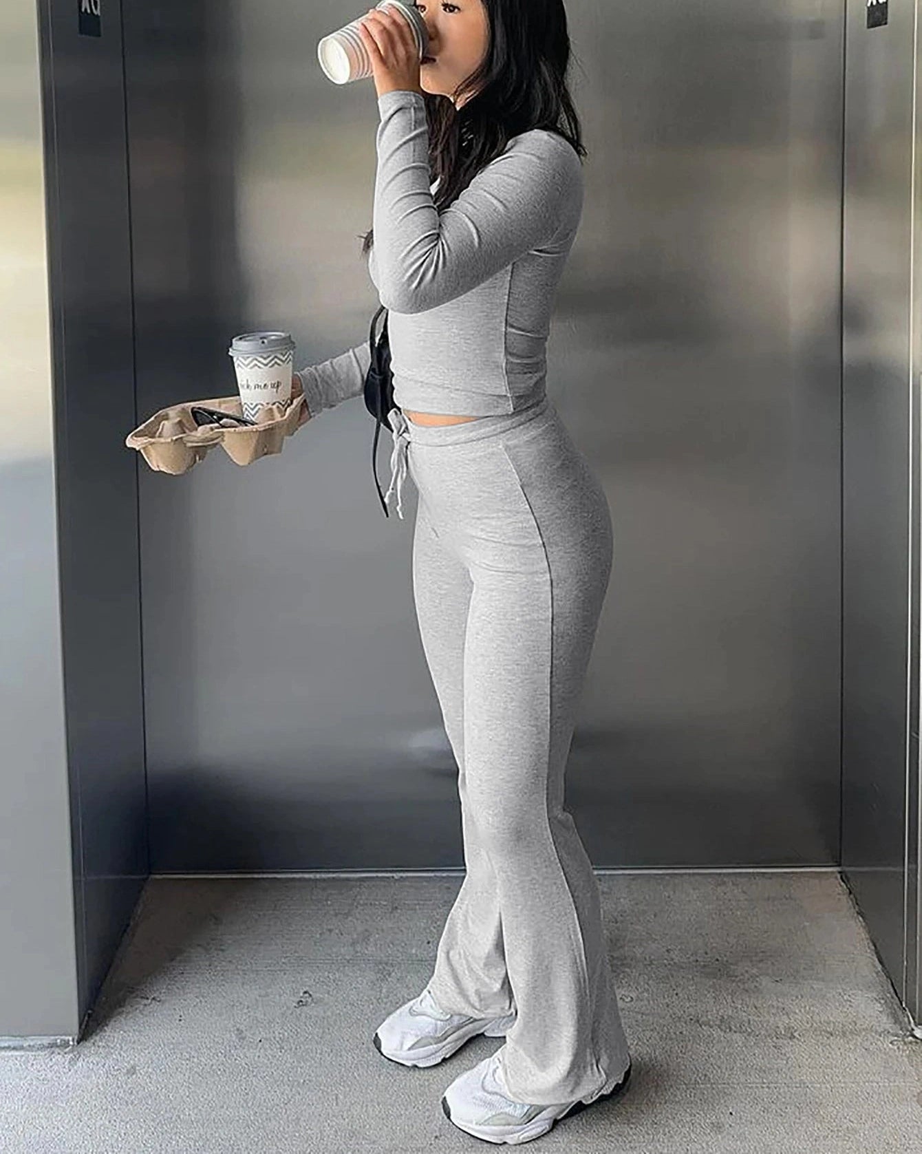 Long Sleeves Bodycon Crop Top And Drawstring Flare Pants Matching Set