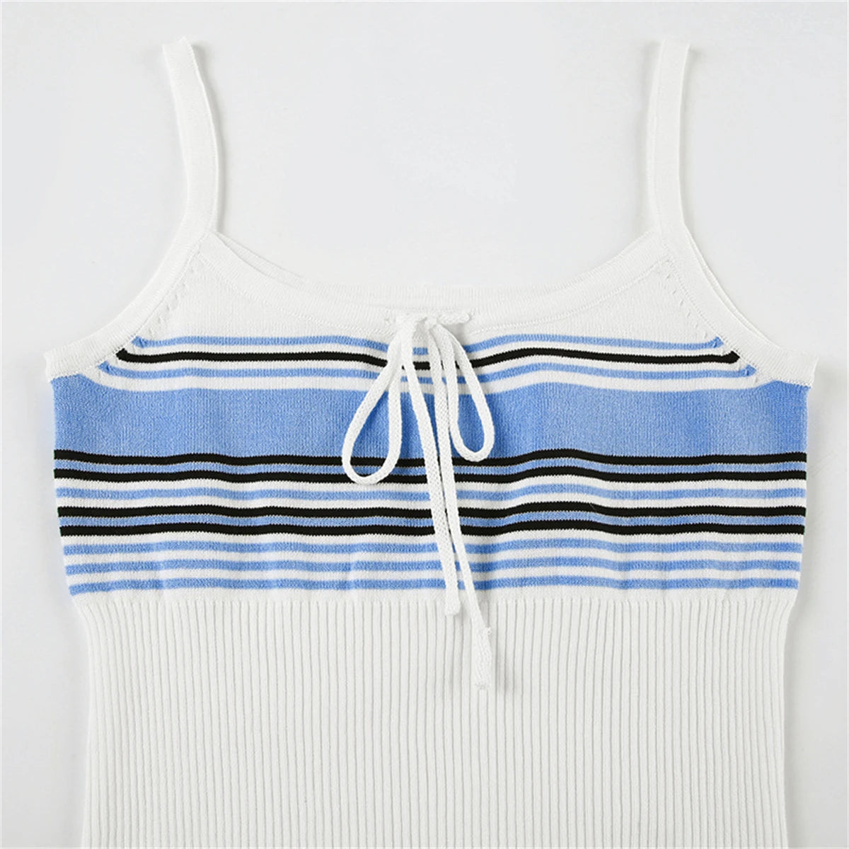 Petchwork Stripe Set Sleeveless O-neck Lace Up Vest High Waist Straight Pant Sets