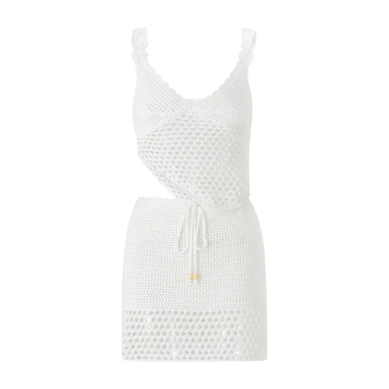 2 Piece Mini Skirt Set Off Shoulder Hollow Out Tube Top Bodycon Skirt Crochet Knit Short Skirt