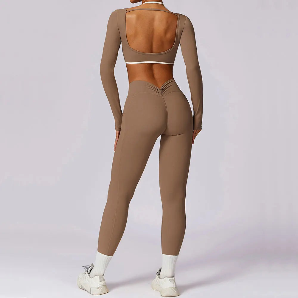 2 Pieces Tracksuit Yoga Set Workout Sports Gym Fitness Long Sleeve Crop Top High Waist Leggings Sports Suits