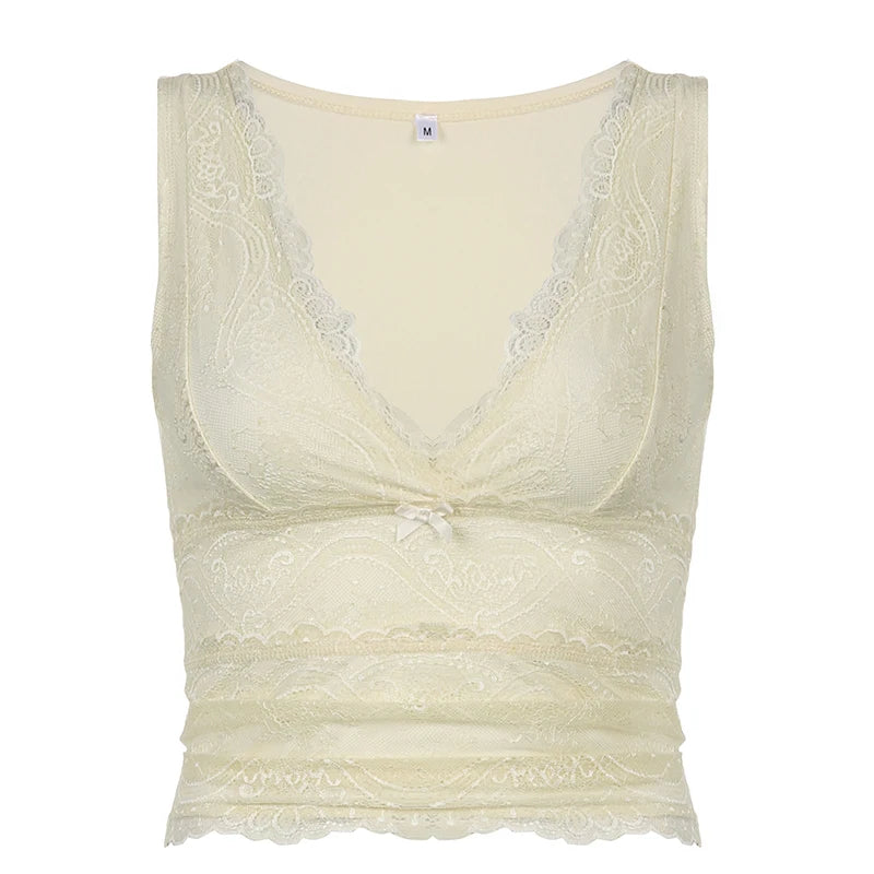 Retro Fairycore Kawaii Tank Top Lace Patchwork V-neck Sleeveless Slim Crop Camis