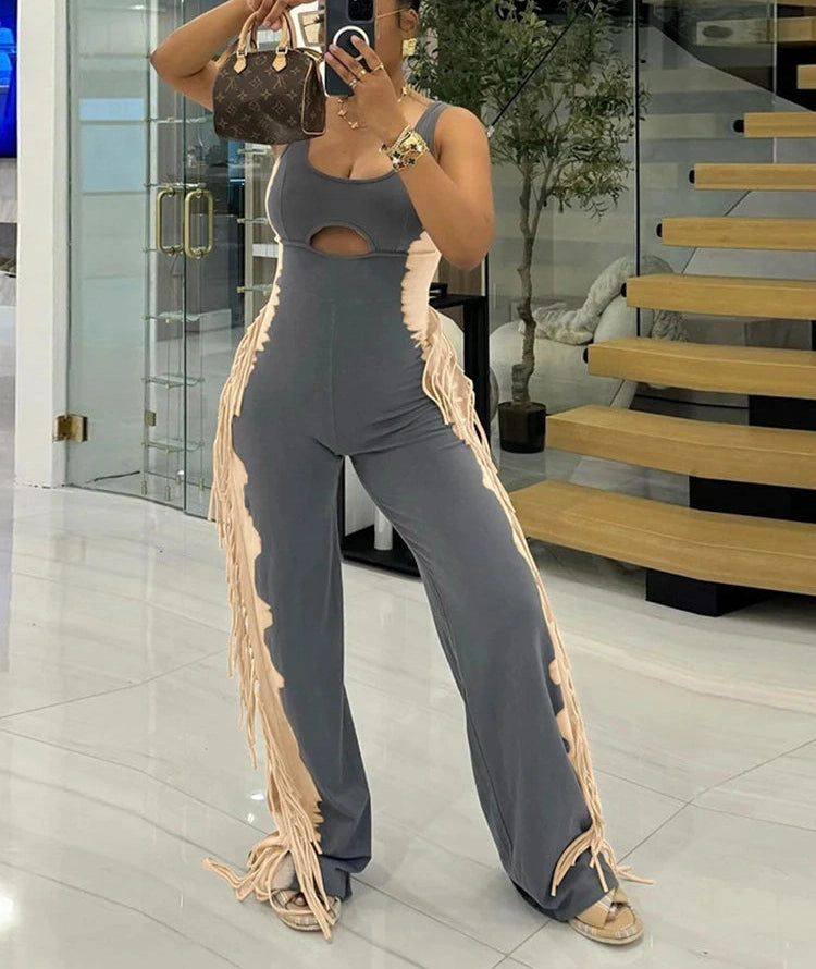 Side Tassel Jumpsuit Hollow Contrast Stretch Fit Sleeveless Elastic Workout Long Overalls