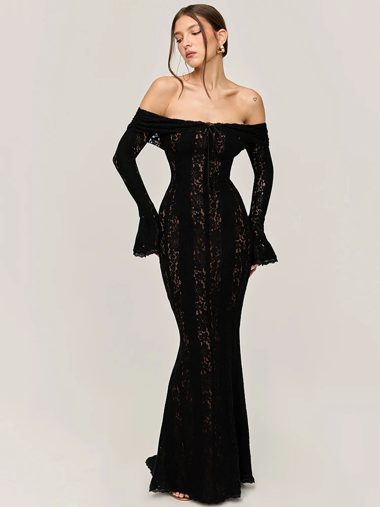 Lace Off-shoulder Maxi Dress Strapless Backless Long Sleeve Bodycon Evening Long Dress