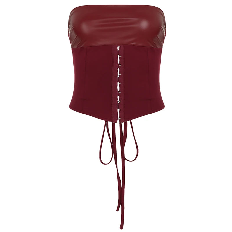 Red Leather Stitching Corset Top Lace-up Backless Mesh Transparent Tube Top Strapless Cropped Tees