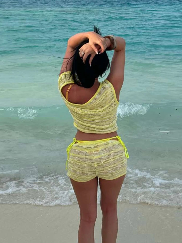 Crochet Two Piece Set Thin Hollow Tank Top Shorts Stretch Matching