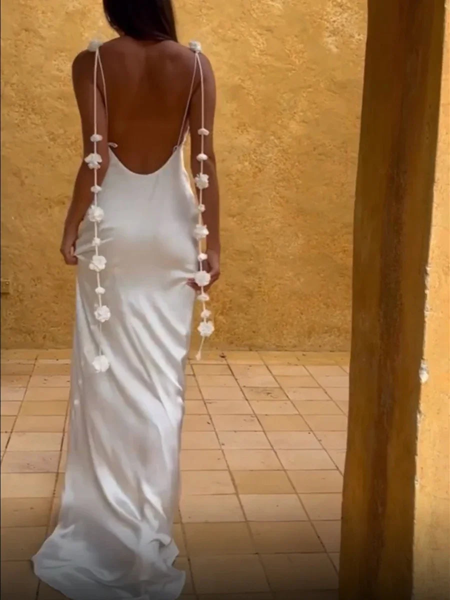 's Color Flower Tassel Backless Sleeveless Satin Maxi Long Bodycon Sling Dress