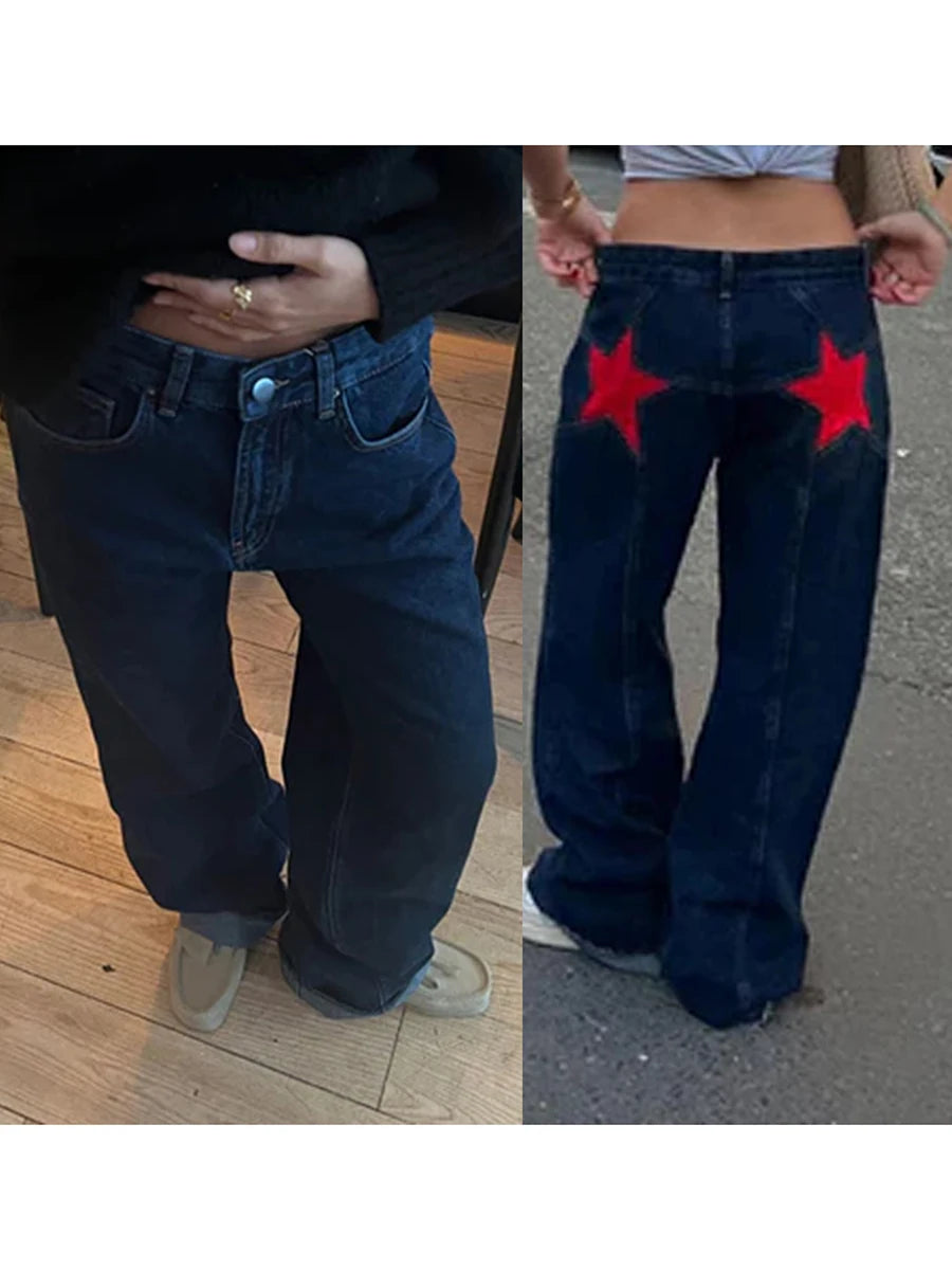 Star Pattern Loose Straight Leg Denim Low Waist Jeans