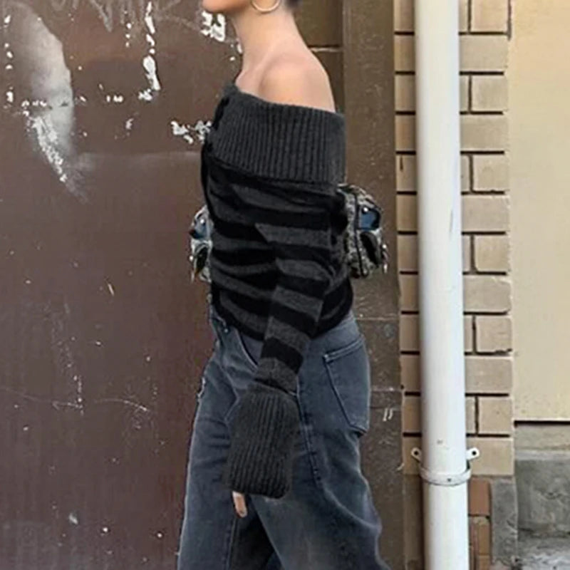 Slash Neck Striped Knitted Sweaters Patchwork Pullovers HArajuku Grunge 's Top
