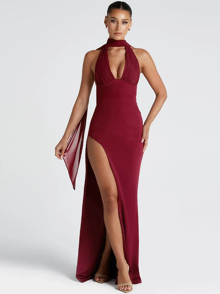 Dress Claic Halter V-neck Split Backless Slim Stretch Maxi Bodycon Banquet