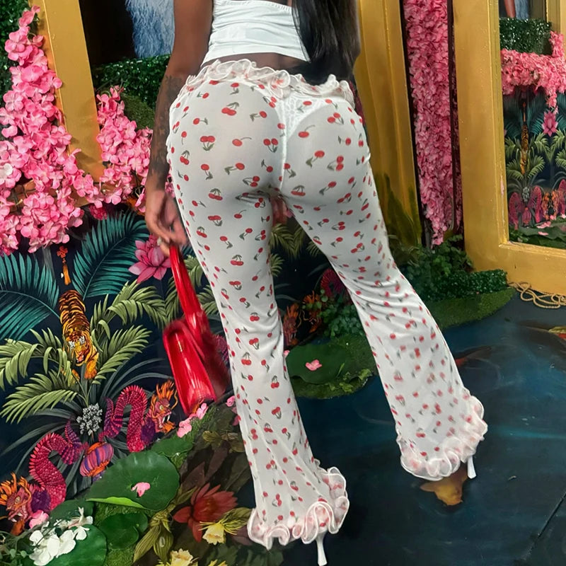 'S Spring/ Cherry Print Cake Edge See-Through Mesh Flare Pants tie Girls hearts