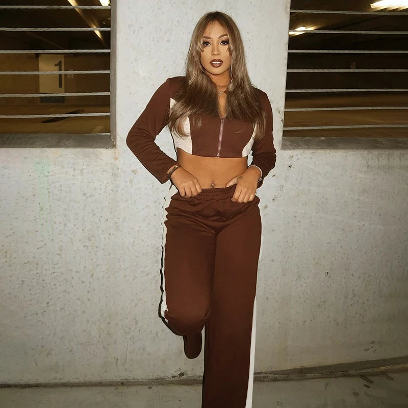 Patchwork Colliion Zipper Long-Sleev Short Jacket -Wait Pant Two-Piece Set