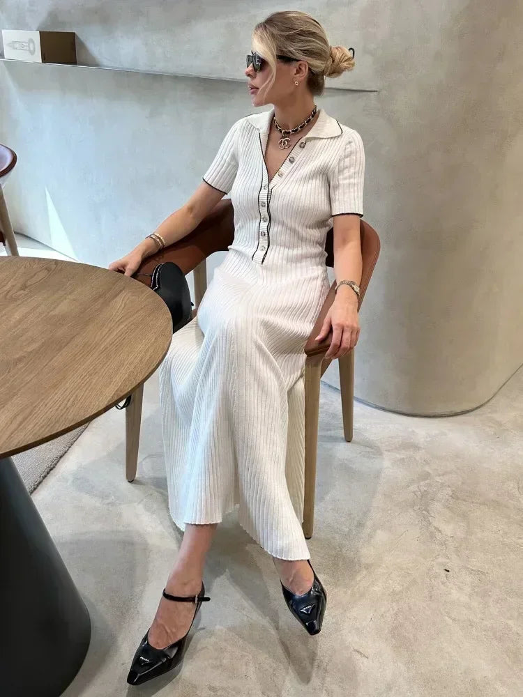 White Knit Maxi Dress Short Sleeve Patchwork Dress Lapel High Waist Knit Dress