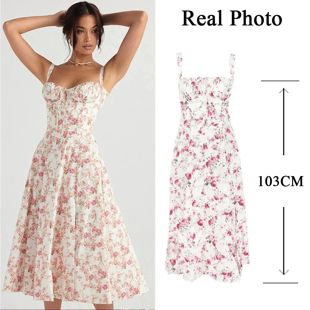 Floral Dress Midi Spaghetti Strap Lace Up Dress A Line