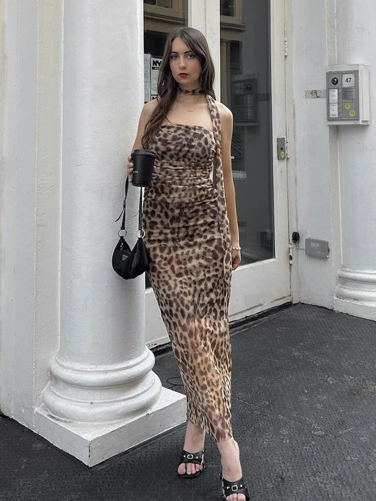Leopard Dress Straple Pleat Body-haping Maxi Scraf