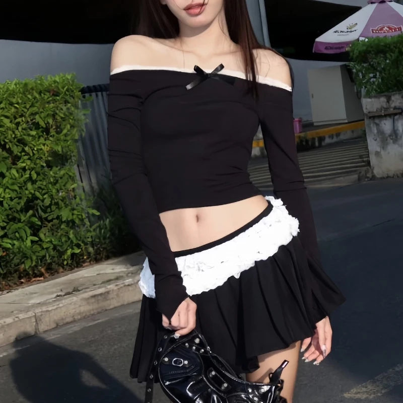 Black Long Sleeve Off Shoulder Lace Low Waist Mini Skirt Two Piece Set