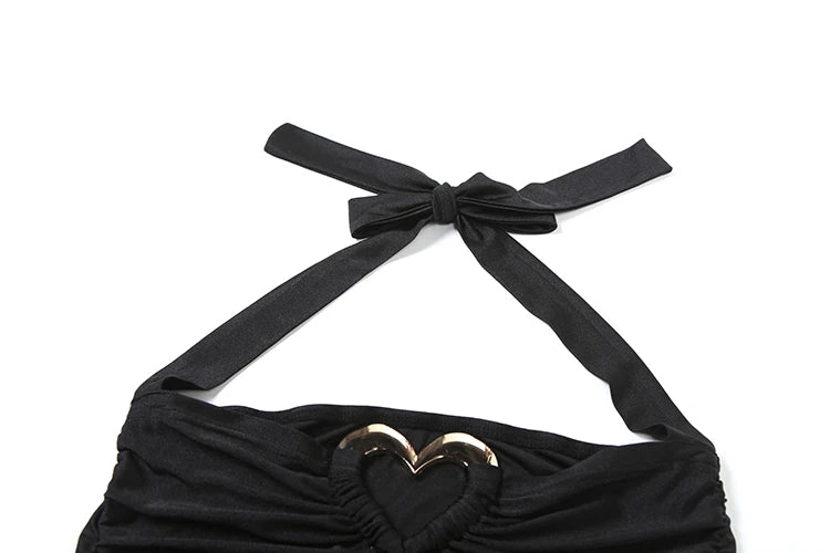 2-Piece Set Love Metal Ring Halter Hollow Low-Neck Mini Top Hollow Ruffles Skirts Midnight Matching Suits