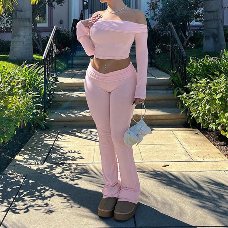 Off Shoulder T-shirt and Flare Pants Two Piece Set
