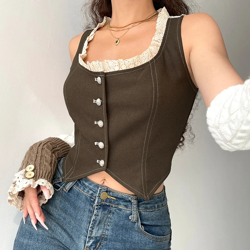 Lace Patchwork Button Up Tank Top Square Collar Sleeveless Slim